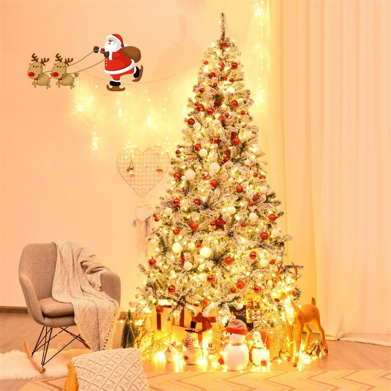 9FT Pre-Lit Snow Flocked Artificial Christmas Tree Premium PVC Hinged Pine Tree with LED Lights