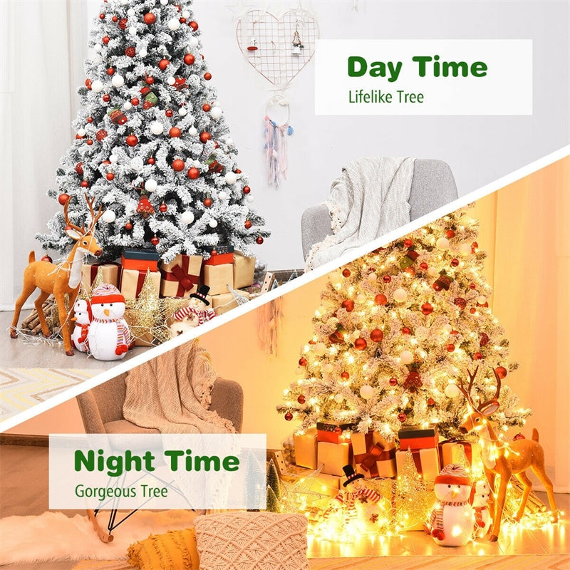 9FT Pre-Lit Snow Flocked Artificial Christmas Tree with 550 LED Lights & Metal Stand, Premium PVC Hinged Pine Tree for Indoor Outdoor Xmas Decor