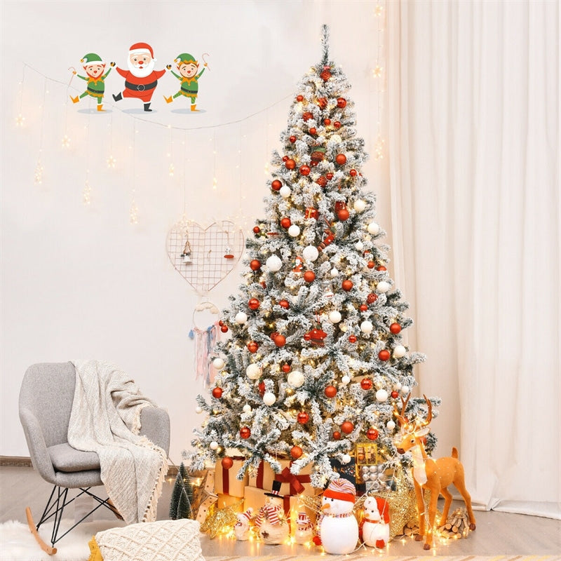 9FT Pre-Lit Snow Flocked Artificial Christmas Tree with 550 LED Lights & Metal Stand, Premium PVC Hinged Pine Tree for Indoor Outdoor Xmas Decor