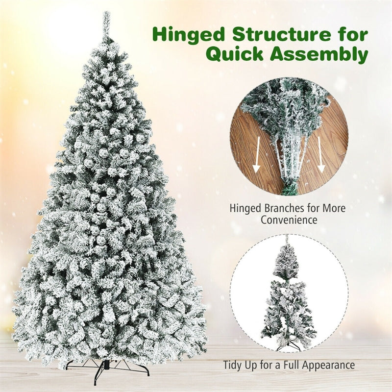 9FT Pre-Lit Snow Flocked Artificial Christmas Tree with 550 LED Lights & Metal Stand, Premium PVC Hinged Pine Tree for Indoor Outdoor Xmas Decor