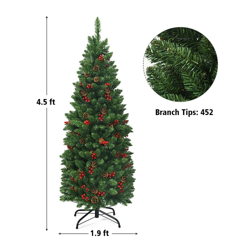 4.5ft Pre-lit Hinged Pencil Artificial Christmas Tree w/ Pine Cones Red Berries and LED Lights