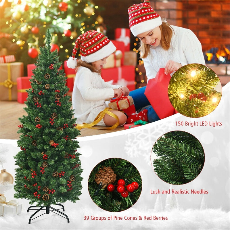 4.5ft Pre-lit Hinged Pencil Artificial Christmas Tree w/ Pine Cones Red Berries and LED Lights