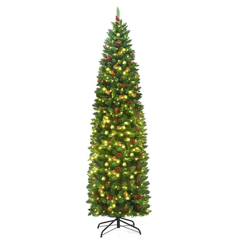 7.5ft Pre-lit Hinged Artificial Pencil Christmas Tree with Pine Cones Red Berries & LED Lights