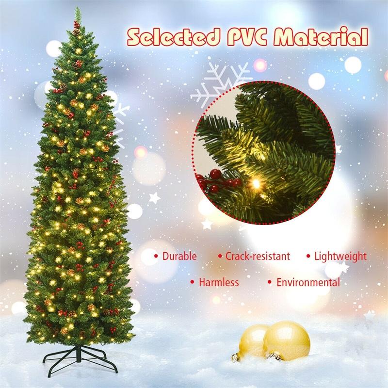 7.5ft Pre-lit Hinged Artificial Pencil Christmas Tree with Pine Cones Red Berries & LED Lights