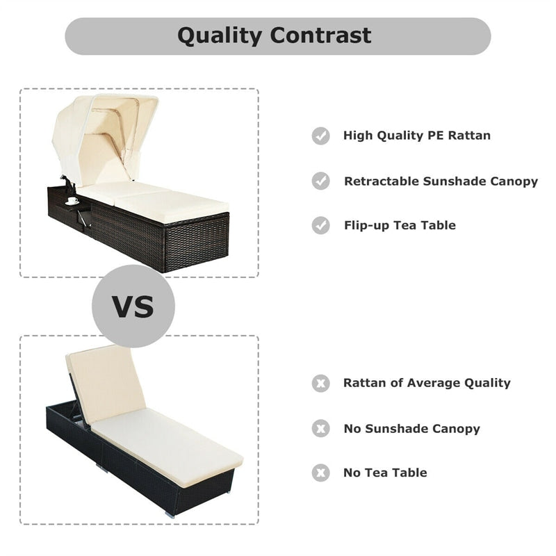 Outdoor Rattan Chaise Lounge Chair with Retractable Canopy, Adjustable Backrest Wicker Reclining Sun Lounger w/ Cushions, Flip-up Tea Table