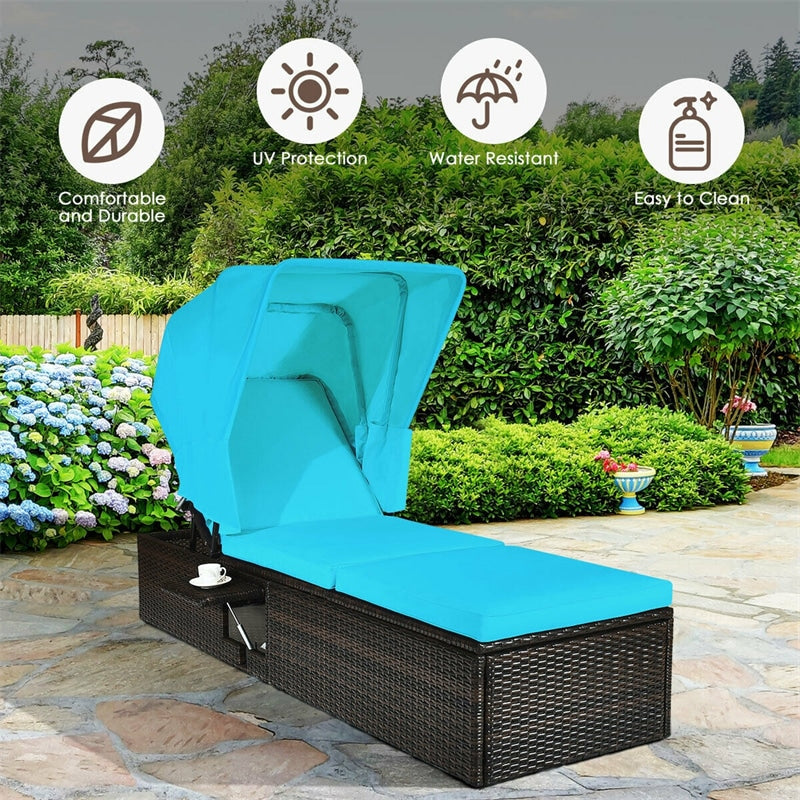 Outdoor Rattan Chaise Lounge Chair with Retractable Canopy, Adjustable Backrest Wicker Reclining Sun Lounger w/ Cushions, Flip-up Tea Table