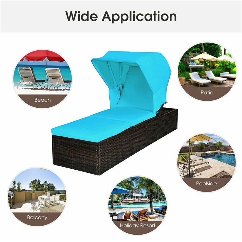 Outdoor Rattan Chaise Lounge Chair with Retractable Canopy, Adjustable Backrest Wicker Reclining Sun Lounger w/ Cushions, Flip-up Tea Table