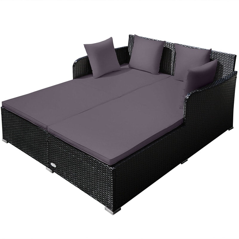 Outdoor Rattan Daybed Wicker Patio Double Chaise Lounge Sun Lounger with Seat Cushions & Pillows