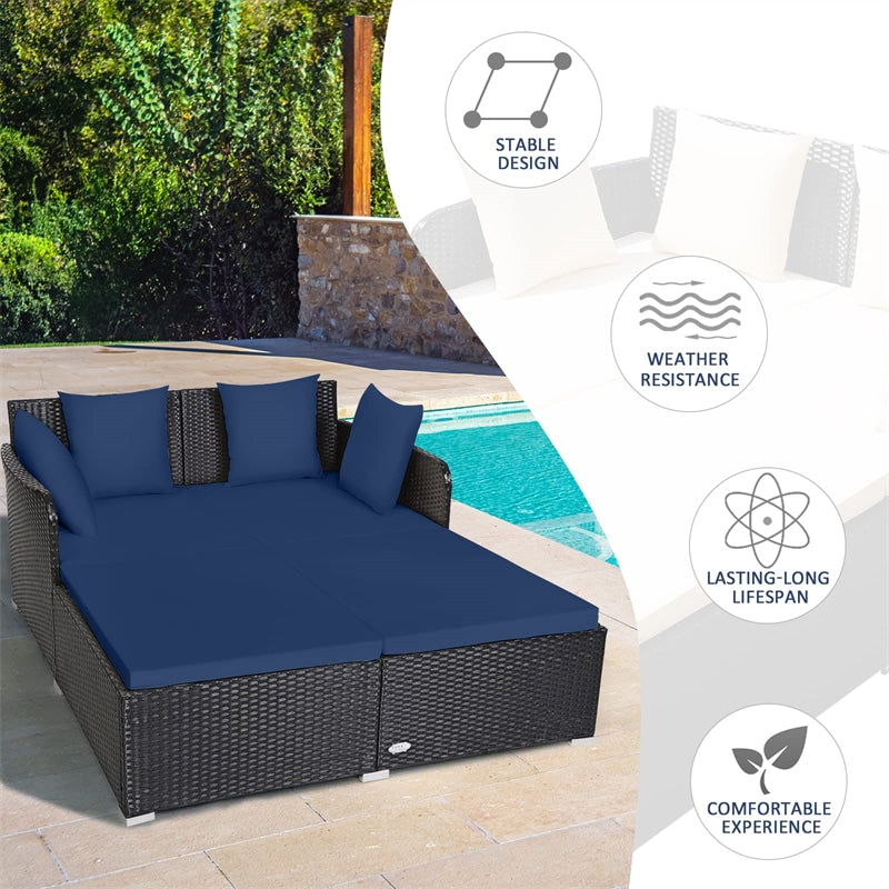 Outdoor Rattan Daybed Wicker Patio Double Chaise Lounge Sun Lounger with Seat Cushions & Pillows