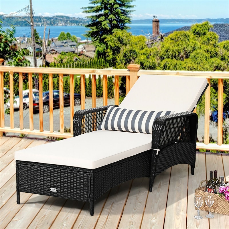 Outdoor Wicker Chaise Lounge Chair Patio Rattan Reclining Chaise with 6-Gear Adjustable Backrest, Padded Cushions & Lumbar Pillow