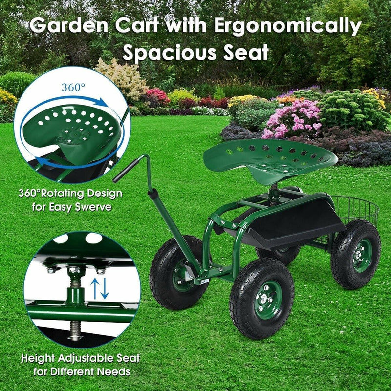 Rolling Garden Cart Gardening Workseat with Extendable Hook Handle - Bestoutdor