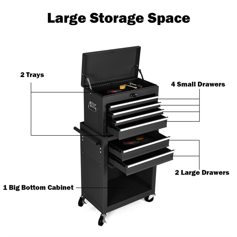 6-Drawer Rolling Tool Chest High Capacity Tool Box Organizer with Wheels, Lock System & Removable Top, Workshop Garage Tool Storage Cabinet