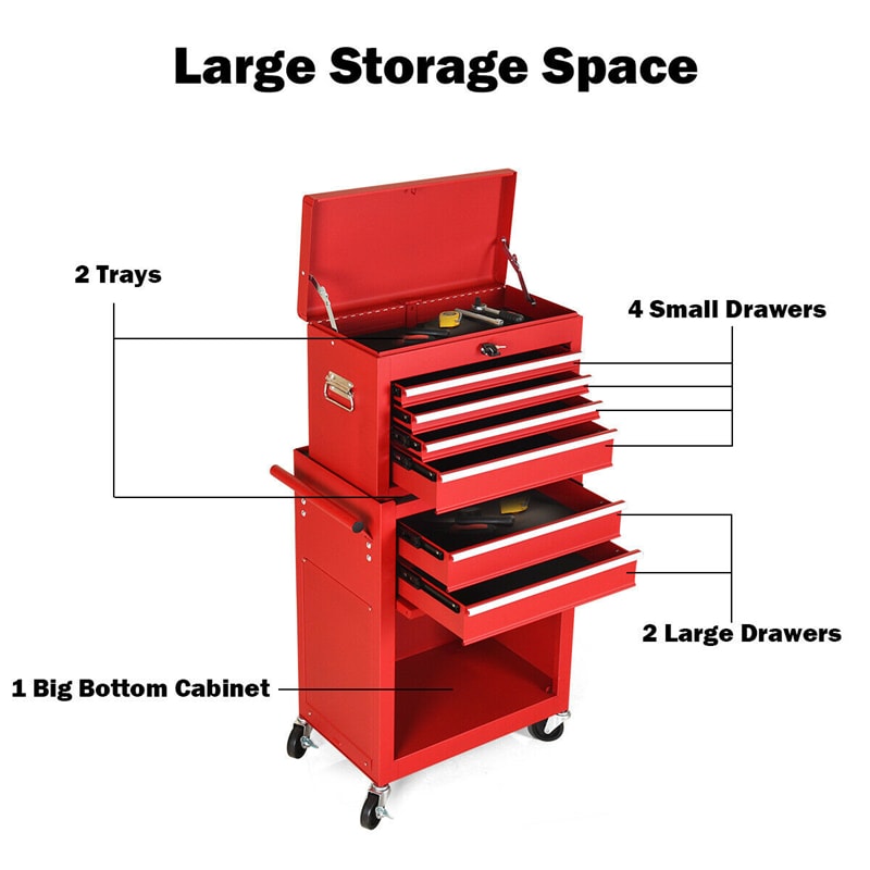 6-Drawer Rolling Tool Chest High Capacity Tool Box Organizer with Wheels, Lock System & Removable Top, Workshop Garage Tool Storage Cabinet