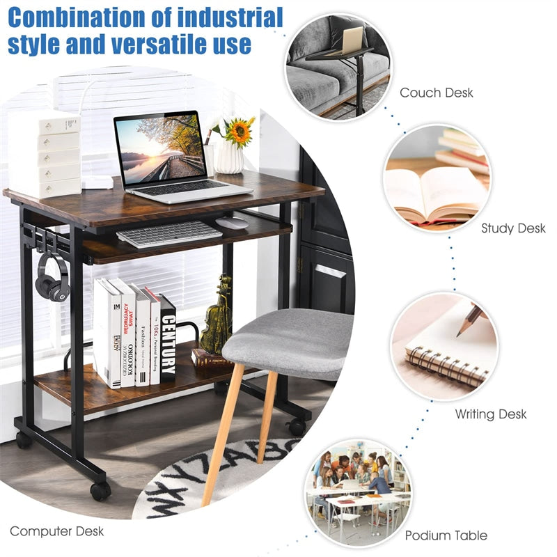 Rolling Computer Desk Cart Portable Mobile Laptop Desk Small Home Office Desk On Wheels with Keyboard Tray & CPU Stand for Bedside & Sofa