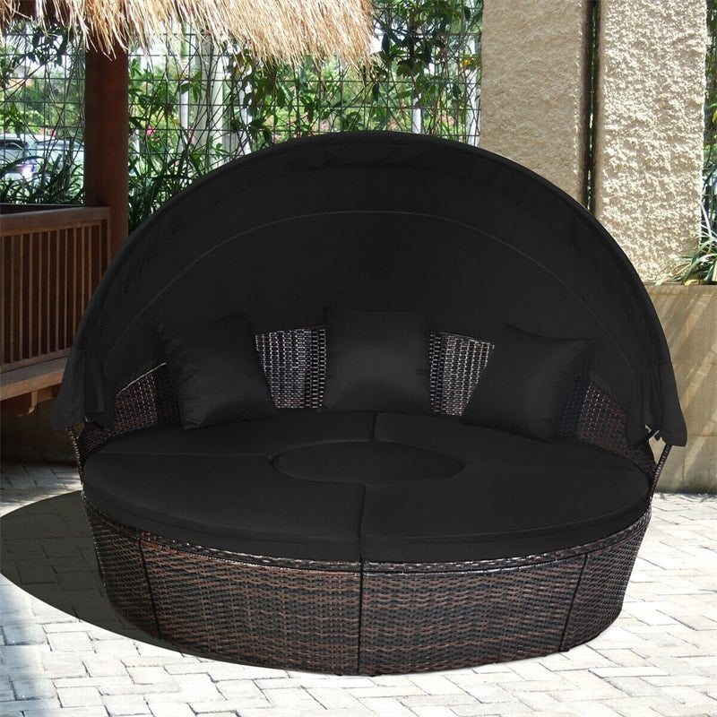 Wicker Outdoor Daybed Round Rattan Sectional Cushioned Sofa Set with Retractable Canopy & Adjustable Coffee Table