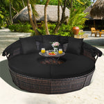 Wicker Outdoor Daybed Round Rattan Sectional Cushioned Sofa Set with Retractable Canopy & Adjustable Coffee Table