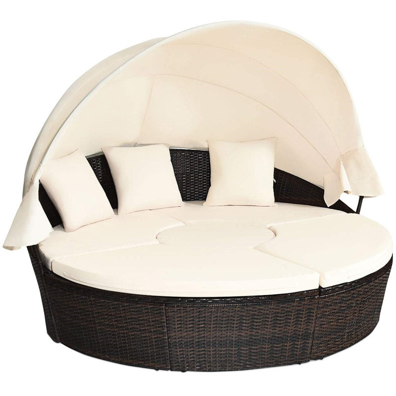 Wicker Outdoor Daybed Round Rattan Sectional Cushioned Sofa Set with Retractable Canopy & Adjustable Coffee Table