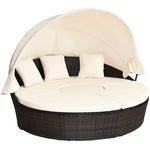 Wicker Outdoor Daybed Round Rattan Sectional Cushioned Sofa Set with Retractable Canopy & Adjustable Coffee Table