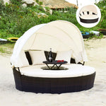 Wicker Outdoor Daybed Round Rattan Sectional Cushioned Sofa Set with Retractable Canopy & Adjustable Coffee Table