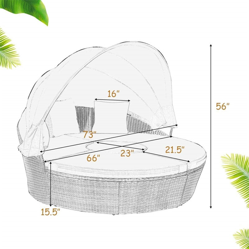 Wicker Outdoor Daybed Round Rattan Sectional Cushioned Sofa Set with Retractable Canopy & Adjustable Coffee Table