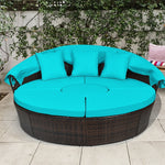 Wicker Outdoor Daybed Round Rattan Sectional Cushioned Sofa Set with Retractable Canopy & Adjustable Coffee Table