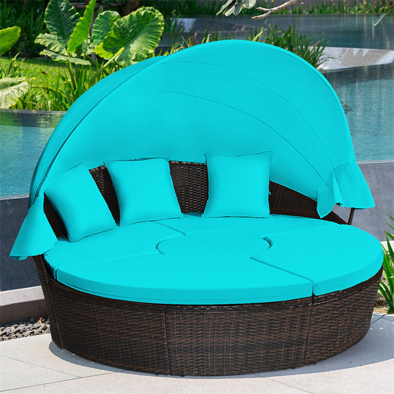 Wicker Outdoor Daybed Round Rattan Sectional Cushioned Sofa Set with Retractable Canopy & Adjustable Coffee Table