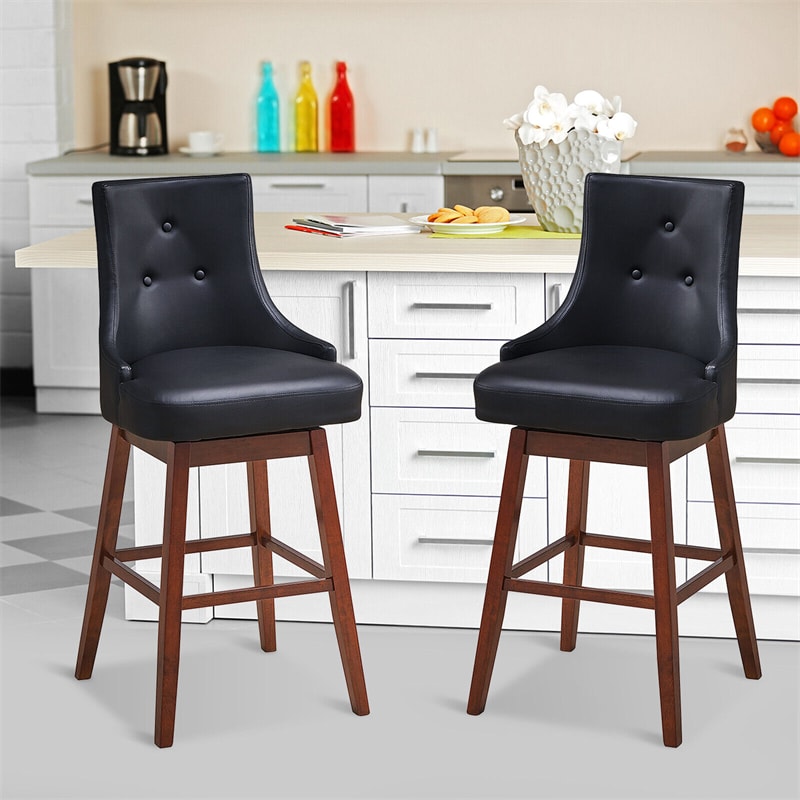 Set of 2 Swivel Bar Stools 29" Pub Height Upholstered Bar Stools with Button Tufted Backrest & Rubber Wood Legs