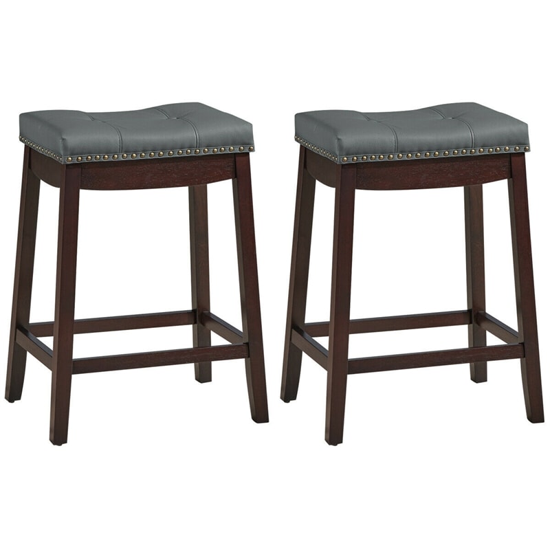 Set of 2 Nailhead Saddle Bar Stools 24"  Backless Counter Height Stool with Cushion