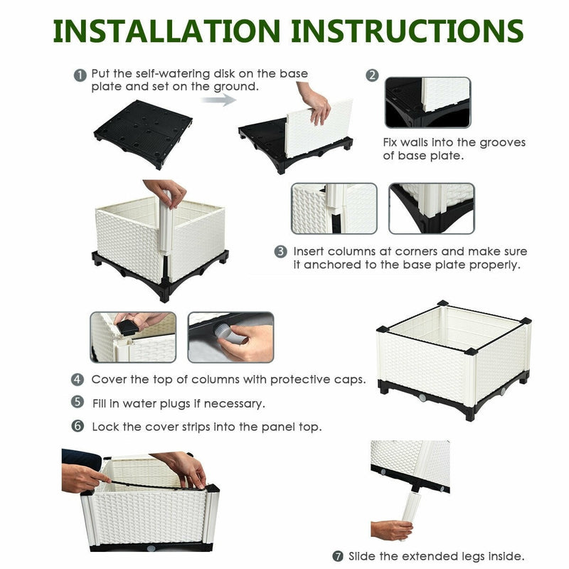 Raised Garden Bed Set of 4 Plastic Elevated Planter Box Kits with Drain Holes & Rattan Wicker Look for Outdoor Indoor Herb Flower Vegetable