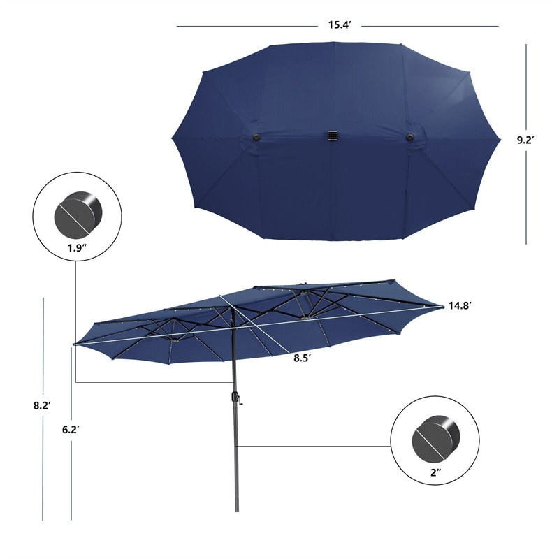 15FT Double-Sided Patio Umbrella Outdoor Market Umbrella with 48 Solar LED Lights & Crank