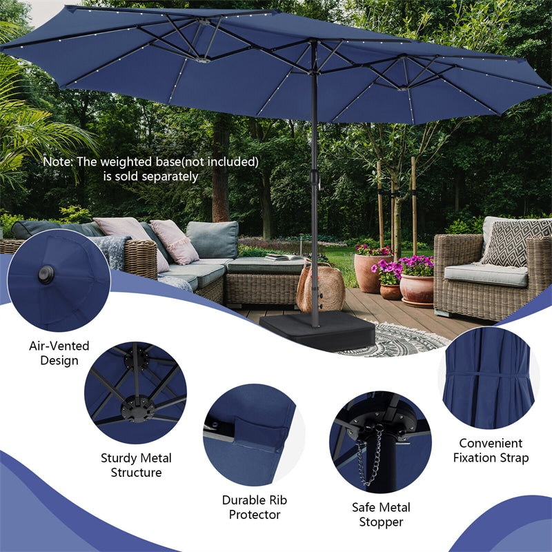 15FT Double-Sided Patio Umbrella Outdoor Market Umbrella with 48 Solar LED Lights & Crank