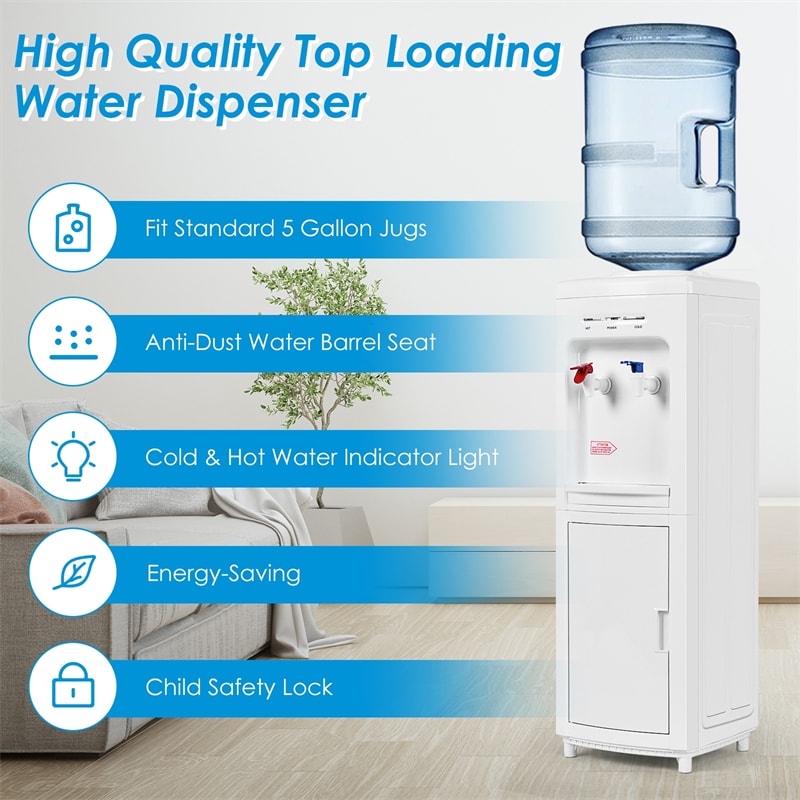 Water Dispenser 5 Gallon Bottle Hot & Cold Top Loading Water Cooler with Child Safety Lock, Storage Cabinet for Home Office School