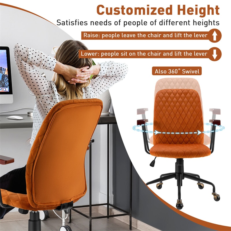 Velvet Home Office Chair Desk Chair Adjustable Swivel Task Chair Upholstered Home Leisure Chair with Rubber Wood Armrest & Copper Casters