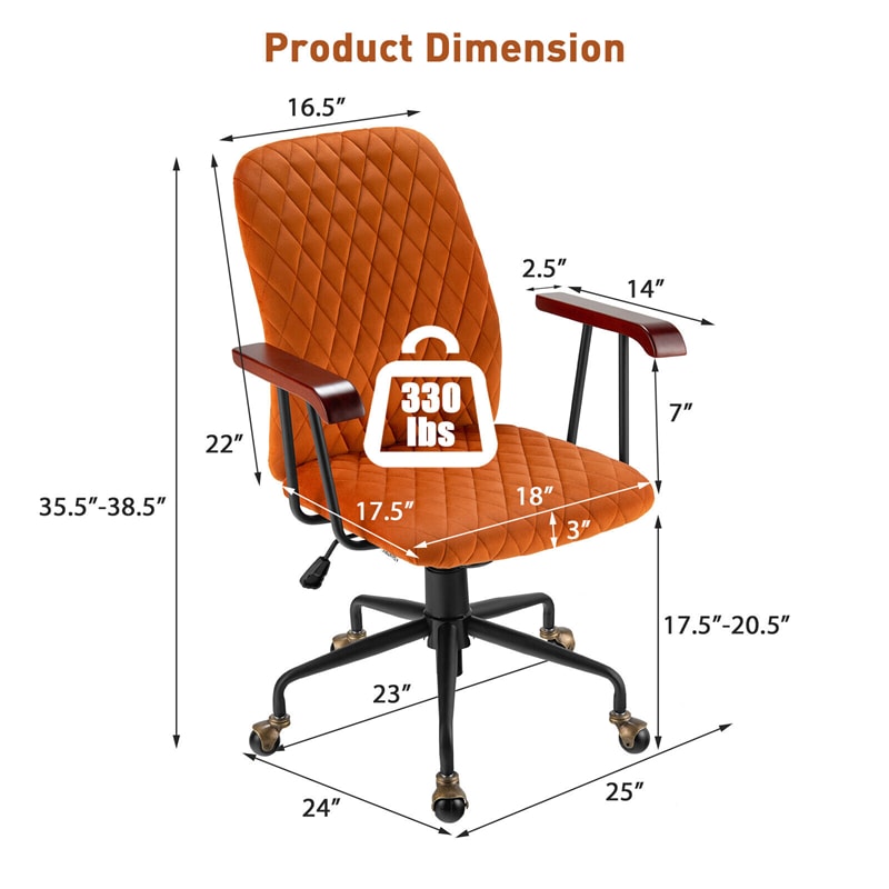 Velvet Home Office Chair Desk Chair Adjustable Swivel Task Chair Upholstered Home Leisure Chair with Rubber Wood Armrest & Copper Casters