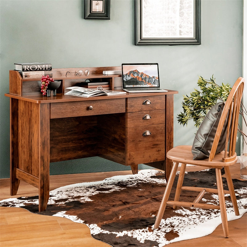 Wood Computer Desk with Hutch, 48" Home Office Desk Vintage Desk Study Writing Desk with Storage Drawers & Shelves