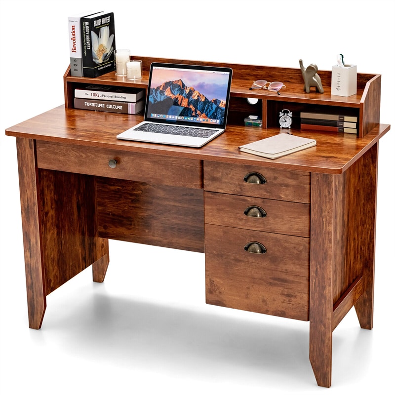 Wood Computer Desk with Hutch, 48" Home Office Desk Vintage Desk Study Writing Desk with Storage Drawers & Shelves