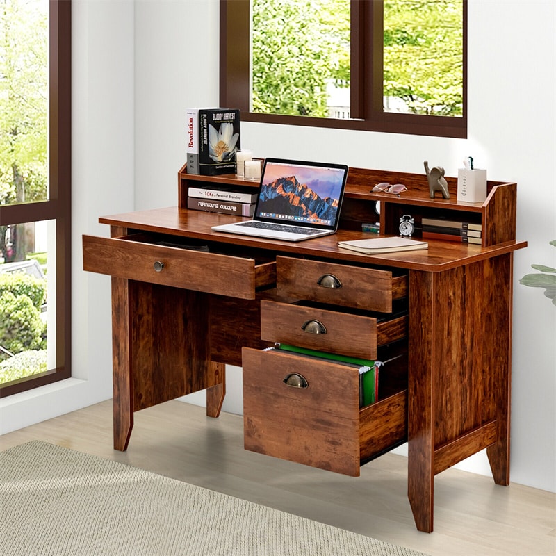 Wood Computer Desk with Hutch, 48" Home Office Desk Vintage Desk Study Writing Desk with Storage Drawers & Shelves