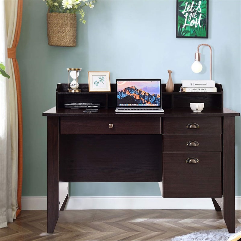 Wood Computer Desk with Hutch, 48" Home Office Desk Vintage Desk Study Writing Desk with Storage Drawers & Shelves