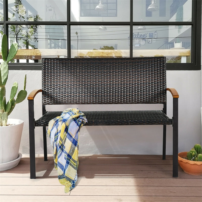 Wicker Patio Bench Weather-Resistant Rattan Outdoor Loveseat Chair Steel Frame with Acacia Wood Armrest for Garden Porch Yard