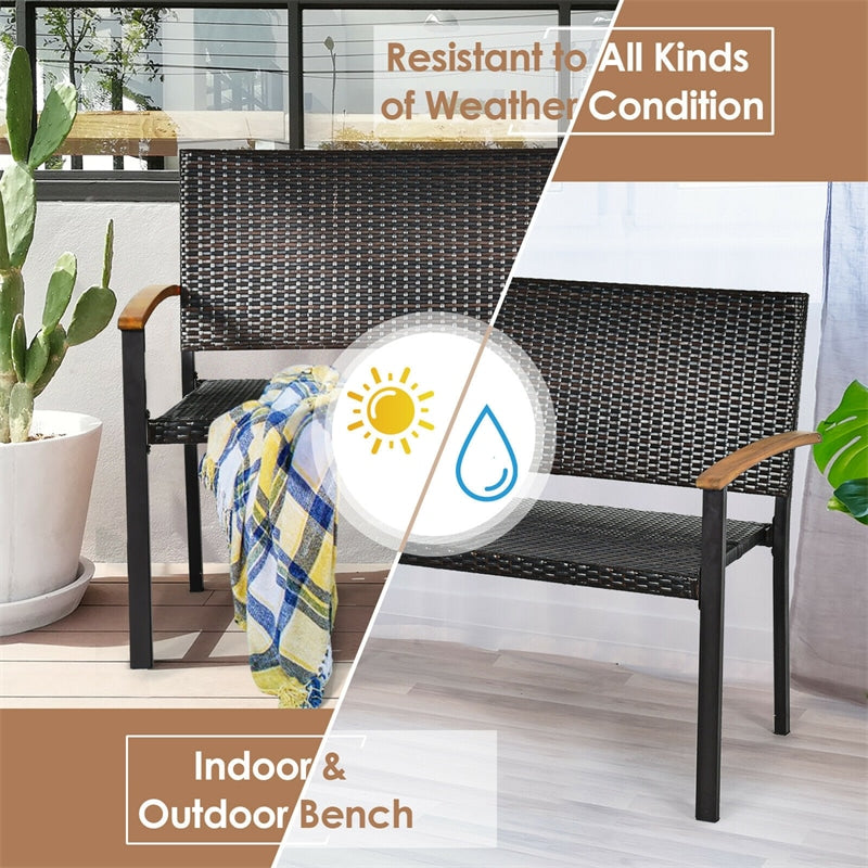 Wicker Patio Bench Weather-Resistant Rattan Outdoor Loveseat Chair Steel Frame with Acacia Wood Armrest for Garden Porch Yard