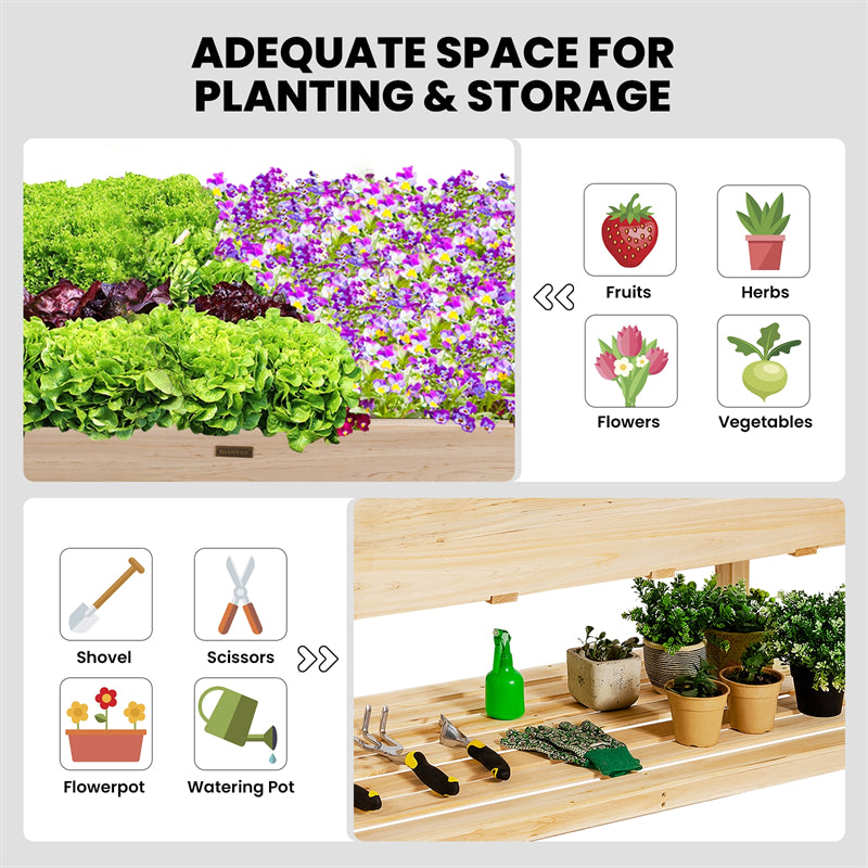 Wood Raised Garden Bed on Wheels, Raised Planter Box Elevated Garden Bed with Storage Shelf, Drainage Holes & Inner Liner