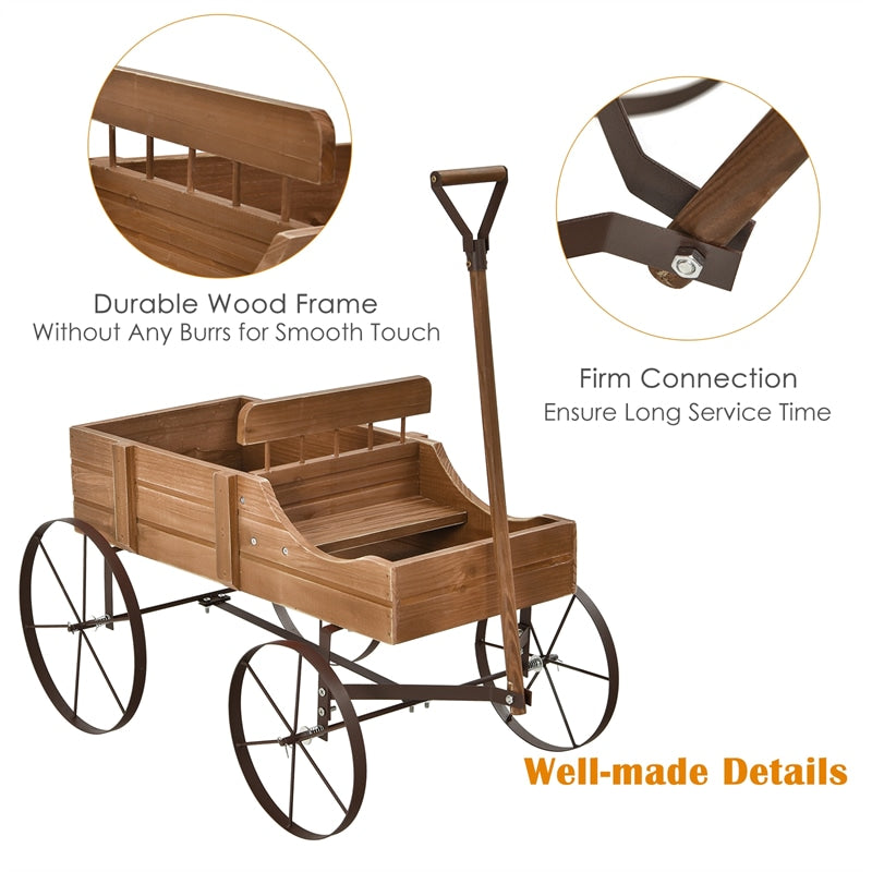 Wooden Wagon Flower Planter Decorative Garden Planter Wagon with Metal Wheels for Backyard