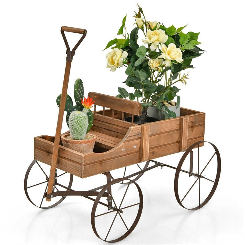 Wooden Wagon Flower Planter Decorative Garden Planter Wagon with Metal Wheels for Backyard