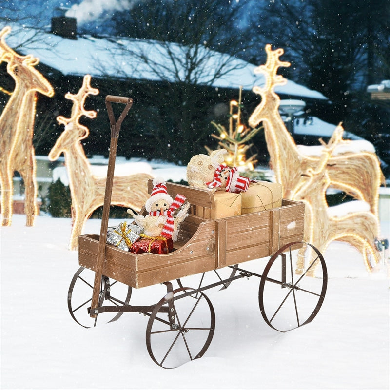 Wooden Wagon Flower Planter Decorative Garden Planter Wagon with Metal Wheels for Backyard