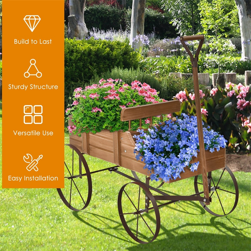 Wooden Wagon Flower Planter Decorative Garden Planter Wagon with Metal Wheels for Backyard