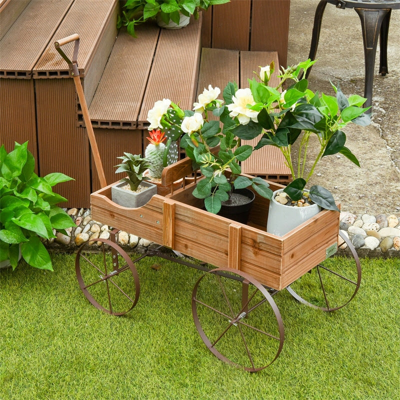 Wooden Wagon Flower Planter Decorative Garden Planter Wagon with Metal Wheels for Backyard