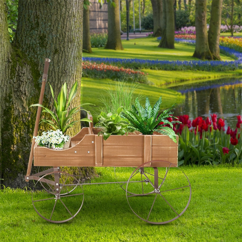 Wooden Wagon Flower Planter Decorative Garden Planter Wagon with Metal Wheels for Backyard