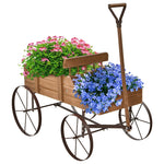 Wooden Wagon Flower Planter Decorative Garden Planter Wagon with Metal Wheels for Backyard