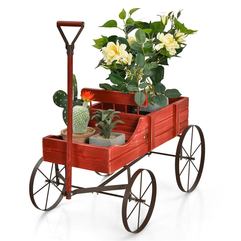 Wooden Wagon Flower Planter Decorative Garden Planter Wagon with Metal Wheels for Backyard