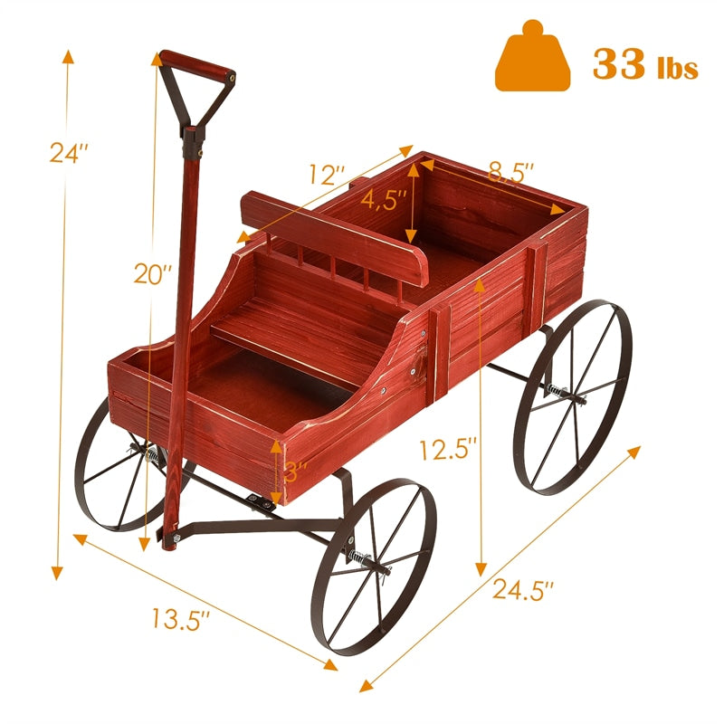 Wooden Wagon Flower Planter Decorative Garden Planter Wagon with Metal Wheels for Backyard